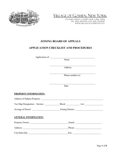 First page of the Zoning Board of Appeals Application
