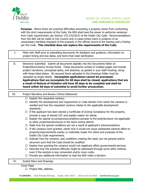 First page of the Use Variance Checklist