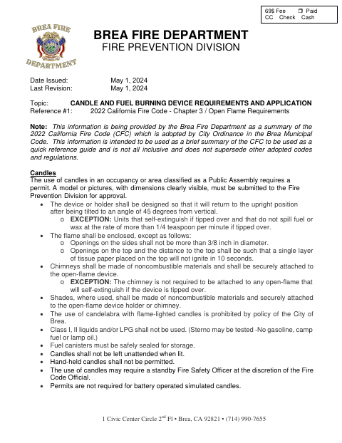 First page of the Candle and Fuel Burning Device Requirements and Application