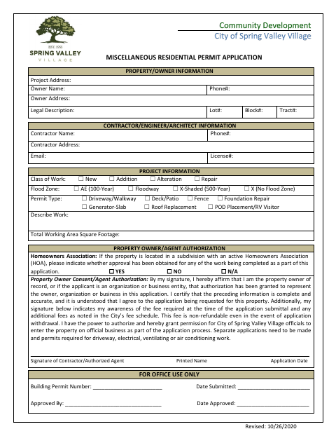 First page of the Miscellaneous Residential Permit Application