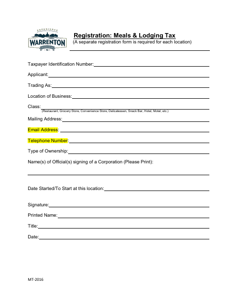 First page of the Meals & Lodging Tax Registration