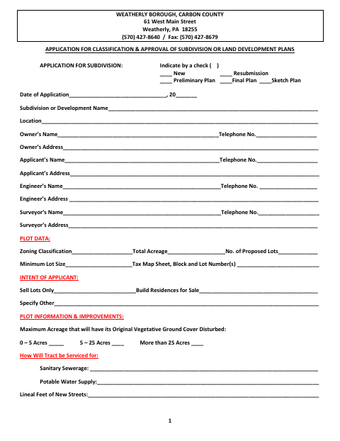 First page of the Subdivision or Land Development Application