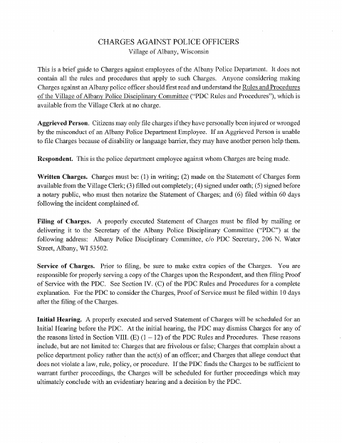 First page of the Statement of Charges Against Police Department Employee