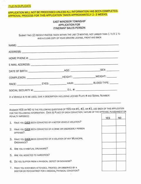 First page of the Itinerant Sales Person Application