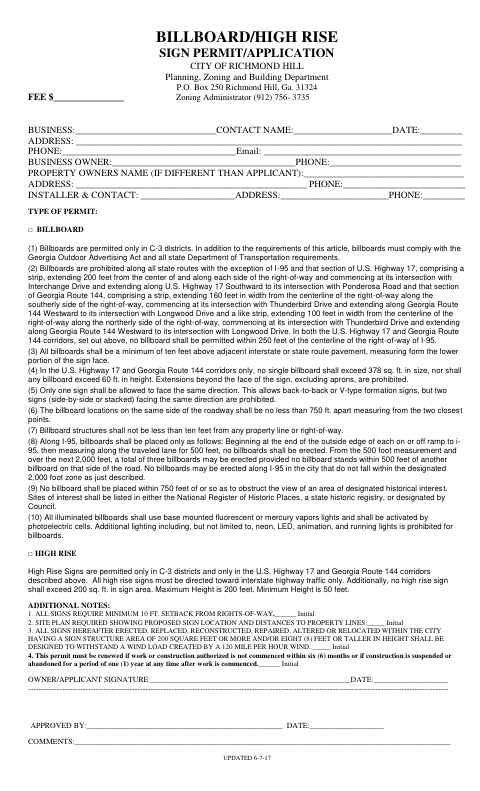 First page of the Billboard/High Rise Sign Permit/Application