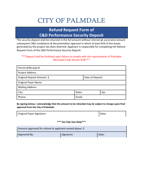 First page of the C&D Performance Security Deposit Refund Request Form