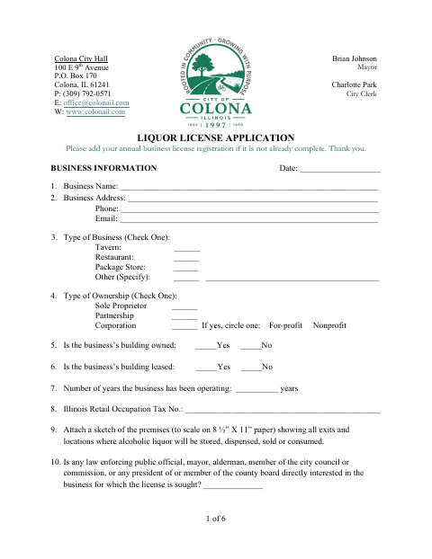 First page of the Liquor License Application