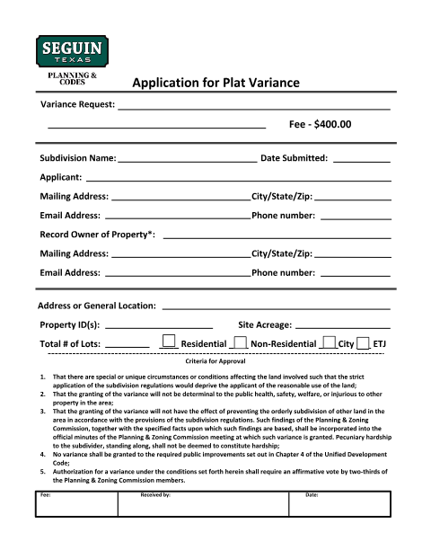 First page of the Application for Plat Variance