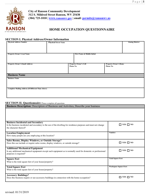 First page of the Home Occupation Questionnaire