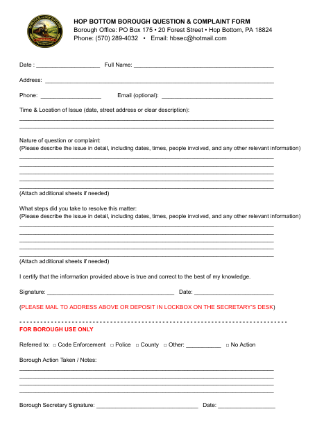 First page of the Question & Complaint Form