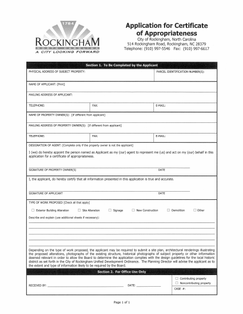 First page of the Application for Certificate of Appropriateness