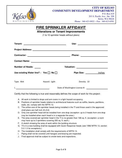 First page of the Fire Sprinkler Affidavit