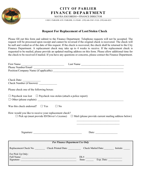 First page of the Request for Replacement of Lost/Stolen Check