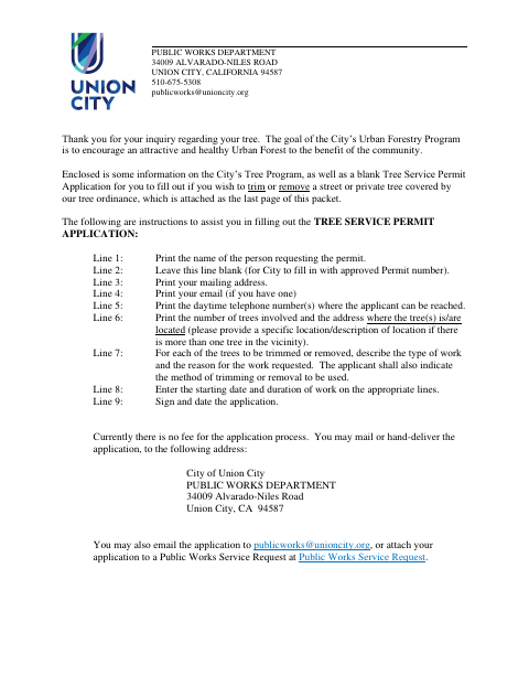 First page of the Tree Service Permit Application