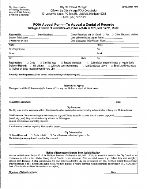 First page of the FOIA Denial Appeal Form