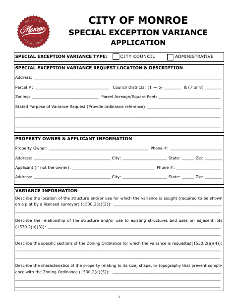 First page of the Special Exception Variance Application