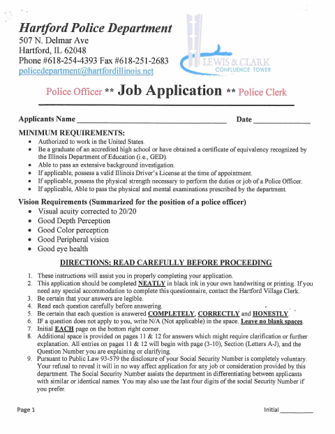 First page of the Police Department Application