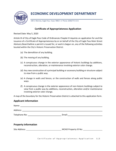 First page of the Certificate of Appropriateness Application