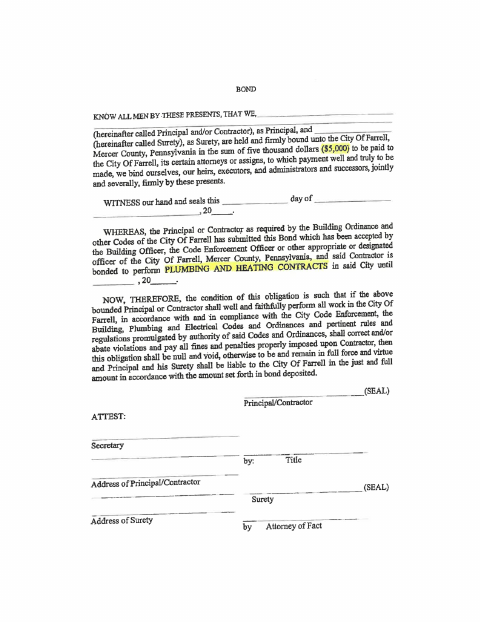 First page of the $5,000 Plumbing & HVAC Bond