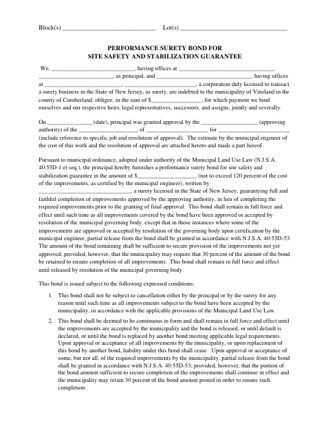 First page of the Performance Surety Bond for Site Safety and Stabilization Guarantee