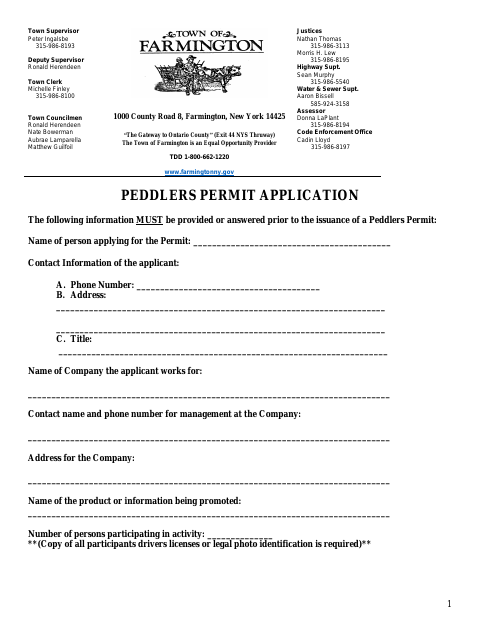 First page of the Peddlers Permit Application