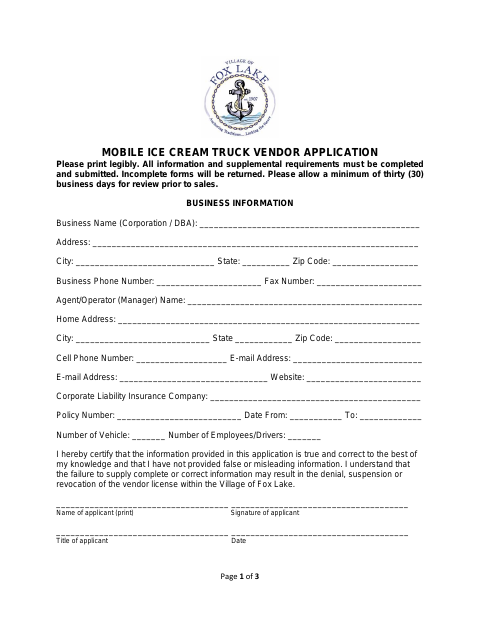 First page of the Mobile Ice Cream Truck Vendor Application