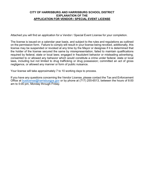 First page of the Special Event Vendor Application