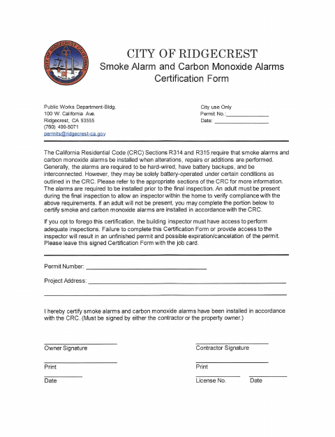 First page of the Building Permit Application and Alarm Certification