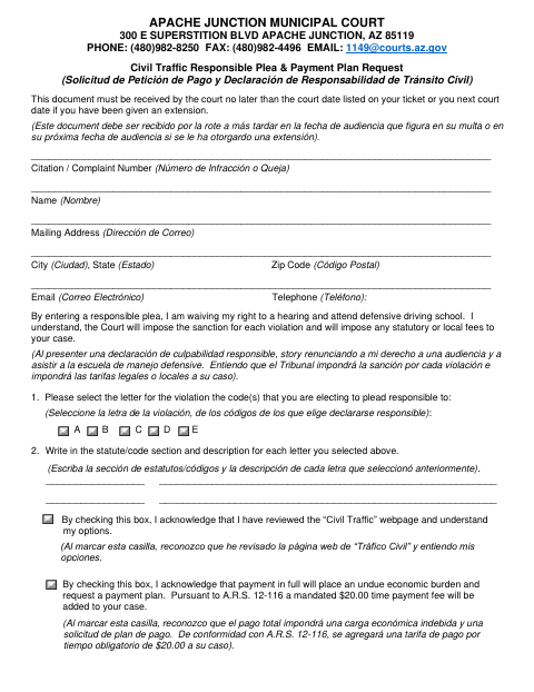 First page of the Civil Traffic Responsible Plea & Payment Plan Request