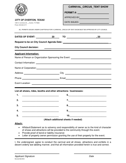 First page of the Carnival/Circus/Tent Show Permit Application