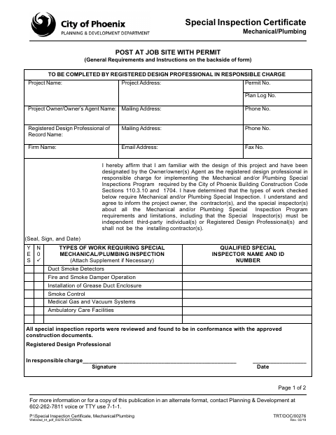 First page of the Special Inspection Certificate Mechanical/Plumbing