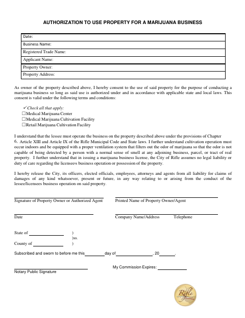 First page of the Authorization to Use Property for a Marijuana Business