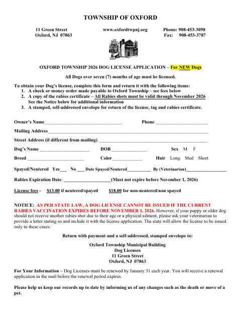 First page of the 2026 Dog License Application for New Dogs