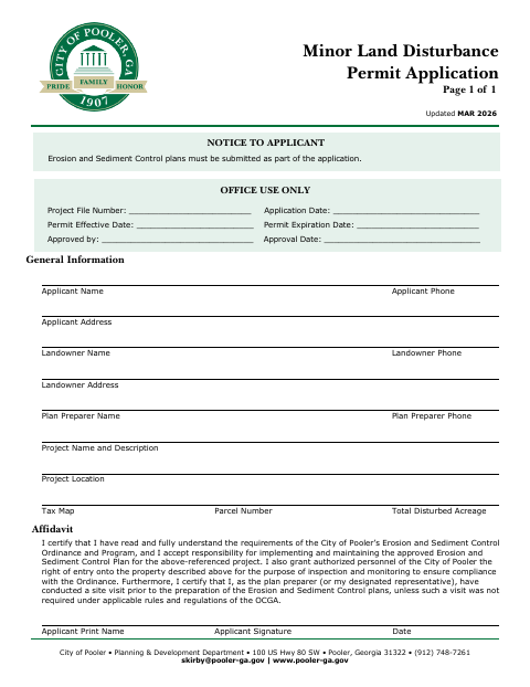 First page of the Minor Land Disturbance Permit Application
