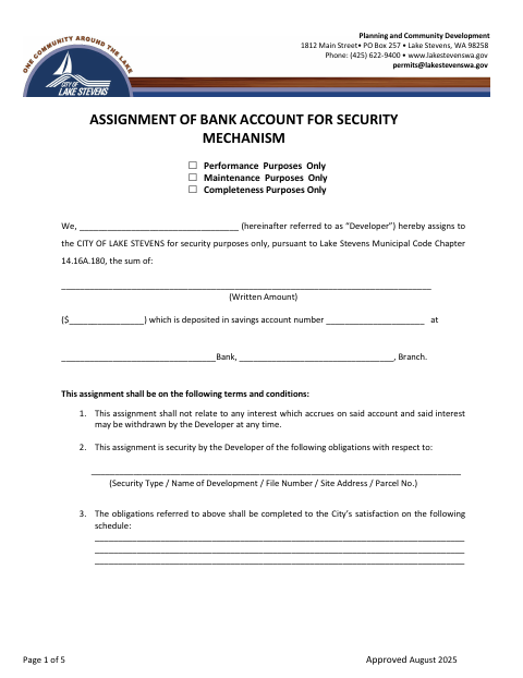 First page of the Assignment of Bank Account for Security Mechanism