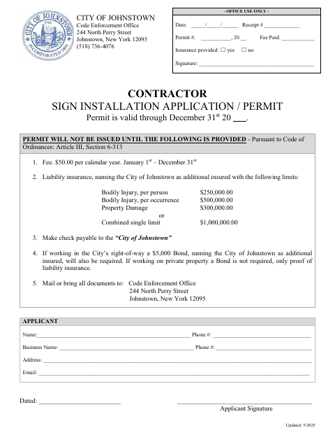 First page of the Contractor Sign Installation Application / Permit