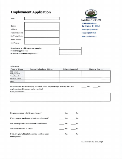 First page of the Employment Application