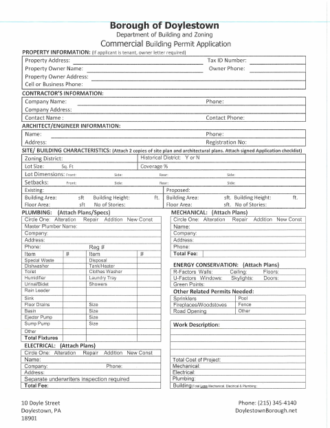 First page of the Commercial Building Permit Application