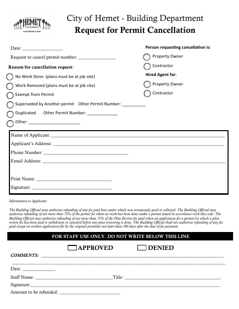 First page of the Request for Permit Cancellation