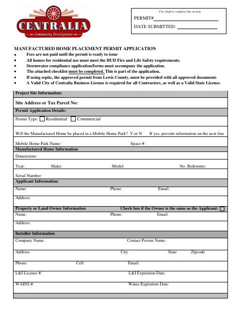 First page of the Manufactured Home Placement Permit Application