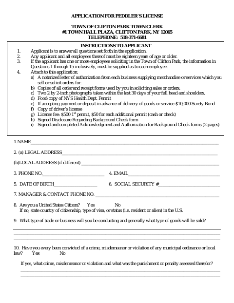 First page of the Peddler’s License Application