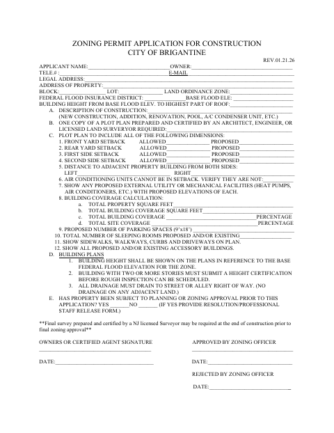 First page of the Zoning Permit Application for Construction
