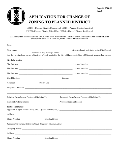 First page of the Application for Change of Zoning to Planned District