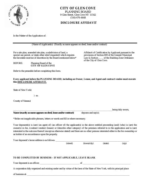 First page of the Planning Board Disclosure Affidavit