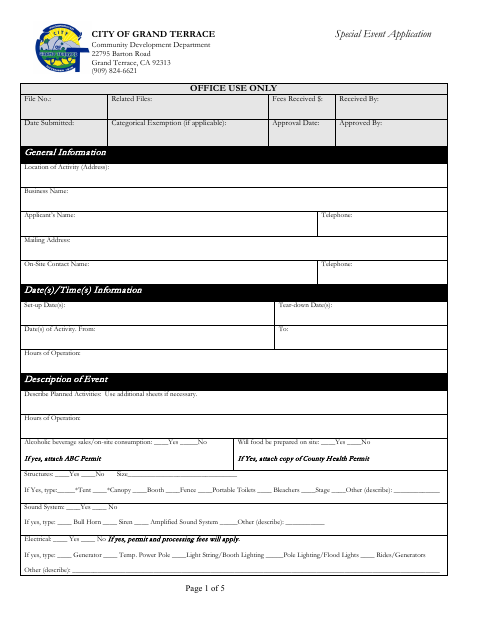 First page of the Special Event Application
