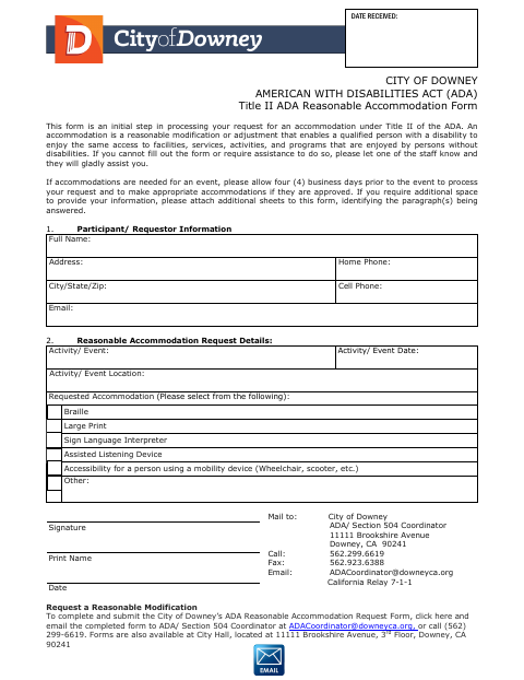 First page of the Title II ADA Reasonable Accommodation Form