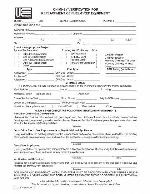 First page of the Chimney Verification for Replacement of Fuel-Fired Equipment