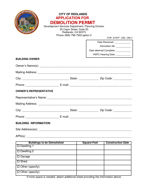 First page of the Application For Demolition Permit