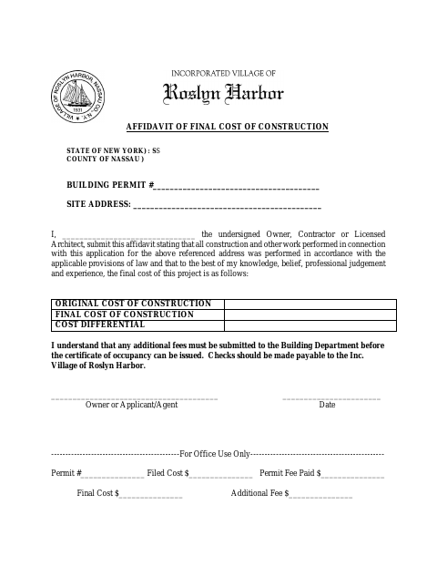 First page of the Affidavit of Final Cost of Construction
