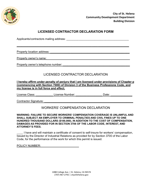 First page of the Licensed Contractor Declaration Form
